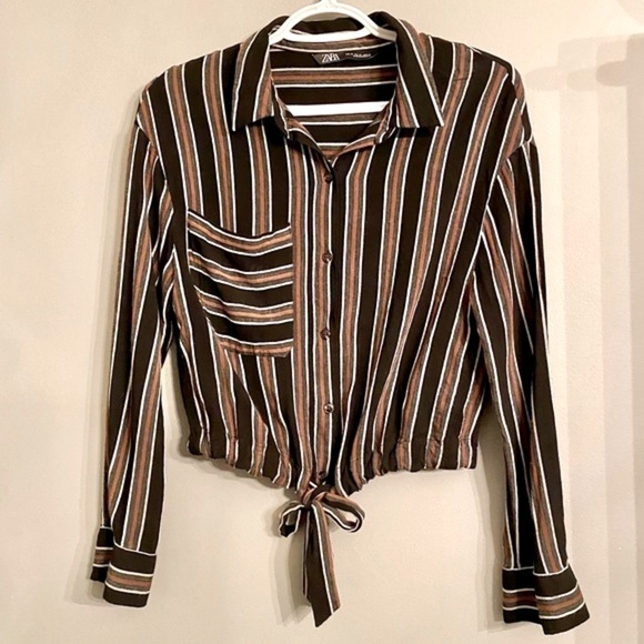 Zara Striped, Button Down, Front Tie Cropped Shirt - Picture 1 of 8